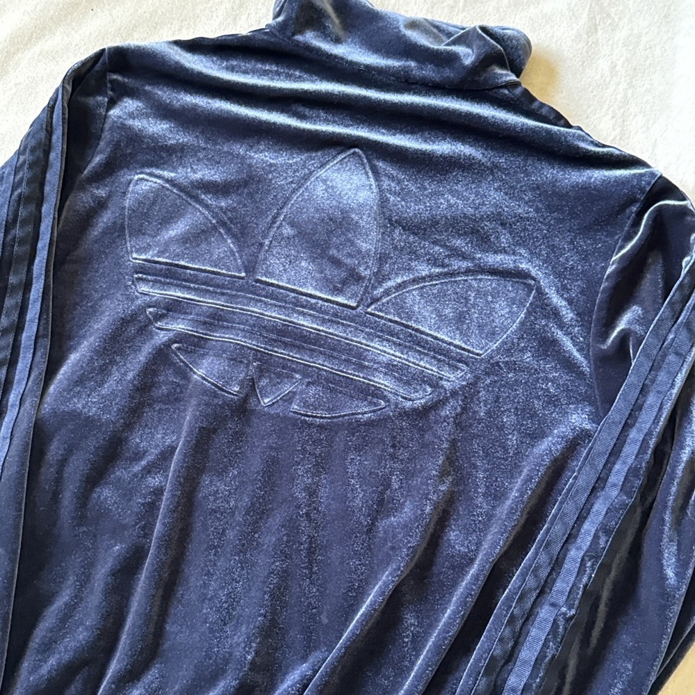 Adidas Originals Track Jacket M Indigo Blue Velvet Velour Full Zip Y2k Trefoil